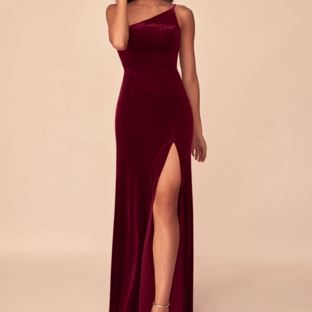 Azazie Cabernet Velvet Floor Length Kala A-Line One Shoulder Bridesmaid Dress
